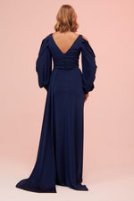 Angelino Navy Blue Sleeve Detailed Slit Long Venezia Evening Dress