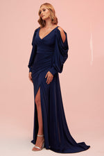 Angelino Navy Blue Sleeve Detailed Slit Long Venezia Evening Dress