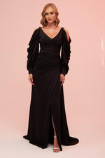 Angelino Black Sleeve Detailed Slit Long Venezia Evening Dress