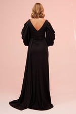 Angelino Black Sleeve Detailed Slit Long Venezia Evening Dress