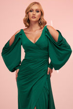 Angelino Emerald Sleeve Detailed Slit Long Venezia Evening Dress