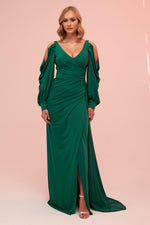 Angelino Emerald Sleeve Detailed Slit Long Venezia Evening Dress