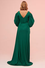 Angelino Emerald Sleeve Detailed Slit Long Venezia Evening Dress