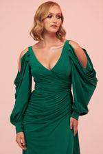 Angelino Emerald Sleeve Detailed Slit Long Venezia Evening Dress