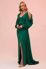 Angelino Emerald Sleeve Detailed Slit Long Venezia Evening Dress