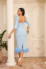 Blue Crepe Skirt Feathered Midi Promise Dress