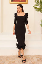 Black Crepe Skirt Feathered Midi Promise Dress