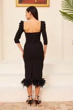 Black Crepe Skirt Feathered Midi Promise Dress