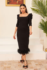 Black Crepe Skirt Feathered Midi Promise Dress
