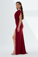 Claret Red Sandy Long Slit Evening Dress