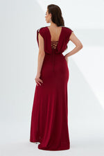 Claret Red Sandy Long Slit Evening Dress