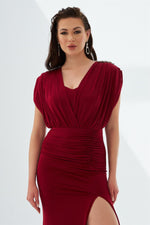 Claret Red Sandy Long Slit Evening Dress