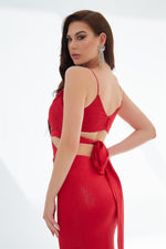 Red Foil Strapless Backless Decollete Long Evening Dress