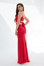 Red Foil Strapless Backless Decollete Long Evening Dress