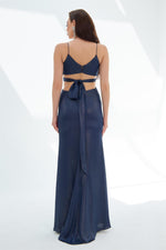 Navy Blue Foil Strapless Backless Decollete Long Evening Dress