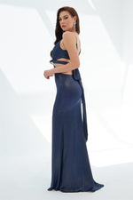 Navy Blue Foil Strapless Backless Decollete Long Evening Dress