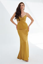 Saffron Foil Strapless Backless Decollete Long Evening Dress