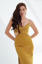 Saffron Foil Strapless Backless Decollete Long Evening Dress