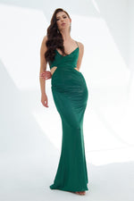 Emerald Foil Strapless Backless Decollete Long Evening Dress