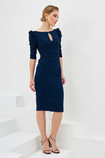 Angelino navy blue pancakes embroidered midi evening dresses