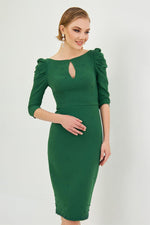 Angelino Emerald Crepe Pearl Embroidered Midi Evening Dress