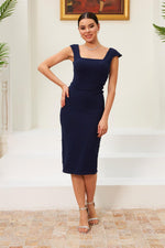 Navy Blue Crepe Pearl Midi Promise Dress