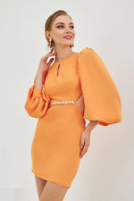 Orange Crepe Stone Balloon Sleeve Short Evening Dress