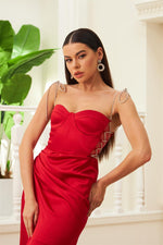 Angelino Red Satin Tied Long Evening Dress and Invitation Dress