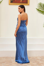 Angelino Indigo Satin Tied Long Evening Dress and Invitation Dress