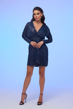 Angelino Navy Blue Foil Satin Long Sleeve Short Evening Dress