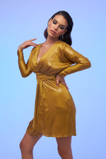 Angelino Saffron Foil Satin Long Sleeve Short Evening Dress