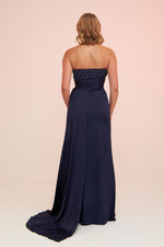 Angelino Navy Blue Satin Front Embroidered Balloon Sleeve Long Evening Dress