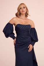 Angelino Navy Blue Satin Front Embroidered Balloon Sleeve Long Evening Dress