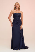 Angelino Navy Blue Satin Front Embroidered Balloon Sleeve Long Evening Dress