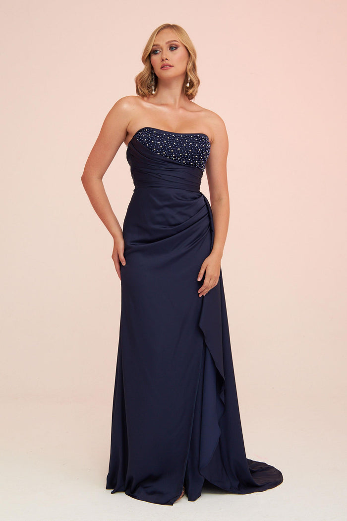 Angelino Navy Blue Satin Front Embroidered Balloon Sleeve Long Evening Dress