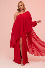 Angelino Red Single Sleeve Slit Plus Size Chiffon Evening Dress