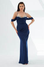 Navy Blue Sandy Strap Long Evening Dress with Stones on the Chest