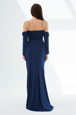 Navy Blue Sandy Strap Long Evening Dress with Stones on the Chest