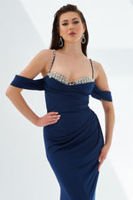Navy Blue Sandy Strap Long Evening Dress with Stones on the Chest
