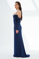 Navy Blue Sandy Strap Long Evening Dress with Stones on the Chest