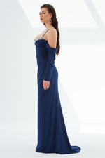 Navy Blue Sandy Strap Long Evening Dress with Stones on the Chest
