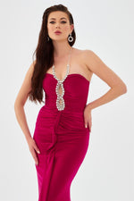 Fuchsia Sandy Neck Stone Long Evening Dress