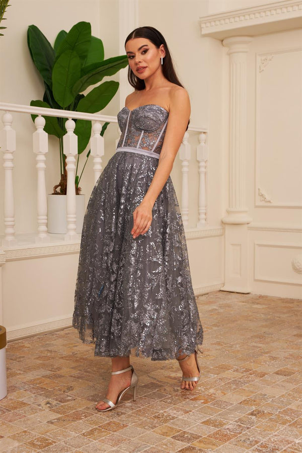 Anthracite Tulle Glitter Midi Engagement and Promise Dress