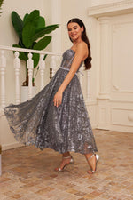 Anthracite Tulle Glitter Midi Engagement and Promise Dress