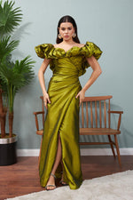 Angelino peanut green taffeta low shoulder long evening dress dress