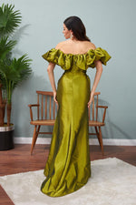 Angelino peanut green taffeta low shoulder long evening dress dress