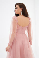 Powder Glittery Tulle Front Embroidered Long Sleeve Engagement