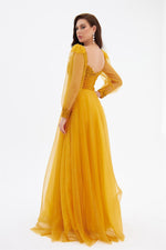 Yellow Glittery Tulle Front Embroidered Long Sleeve Engagement Dress