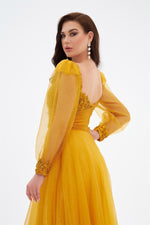 Yellow Glittery Tulle Front Embroidered Long Sleeve Engagement Dress