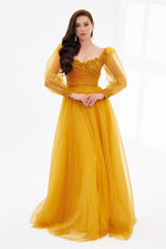 Yellow Glittery Tulle Front Embroidered Long Sleeve Engagement Dress